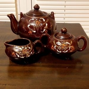 REDWARE BROWN BETTY MORIAGE TEAPOT TEA POT SET JAPAN VINTAGE 1960S HAND PAINTED